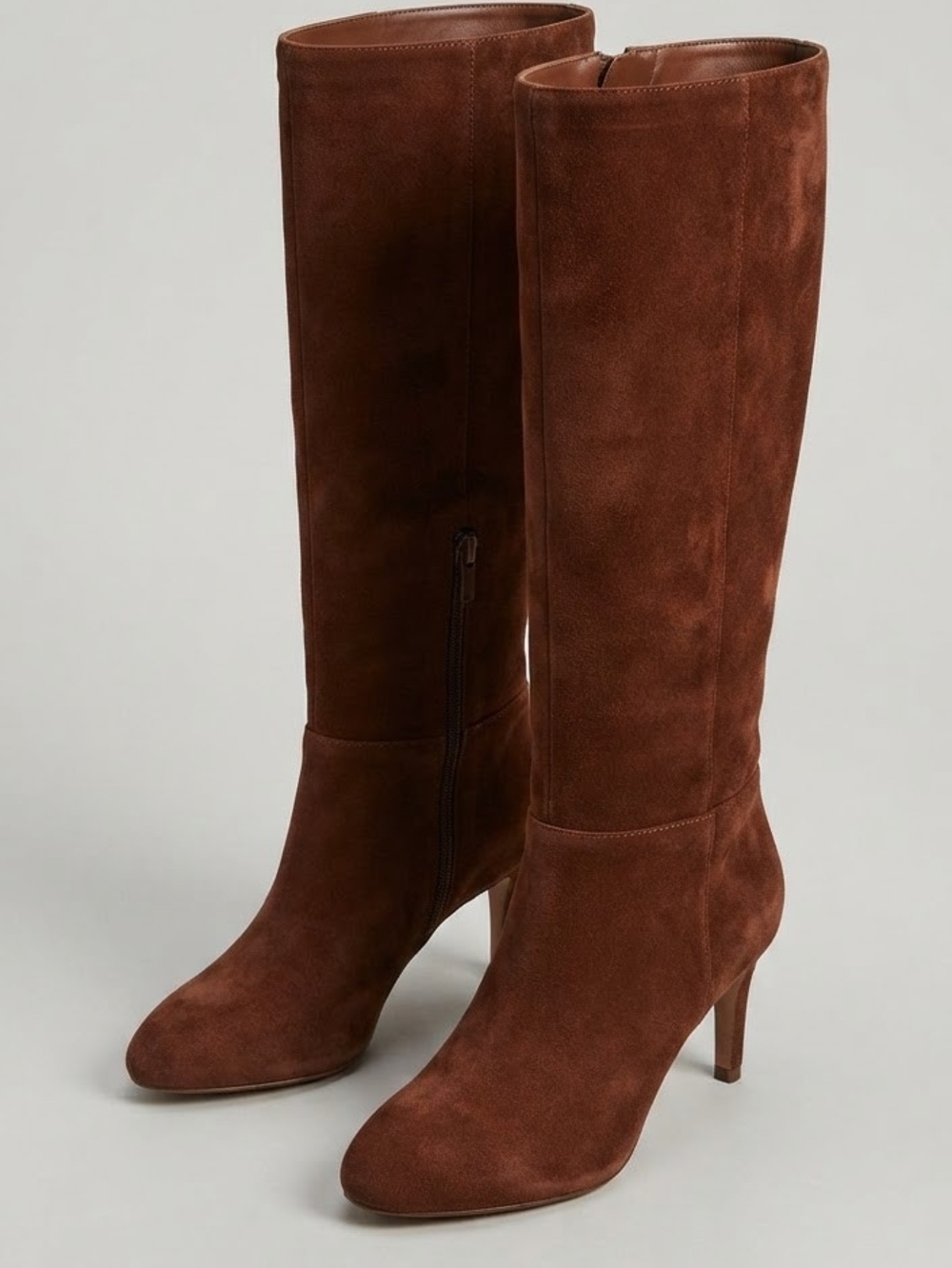 Suede Knee-High Heeled Boots in Rich Brown
